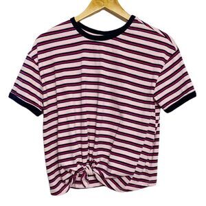 No Boundaries Striped Front Tie Short Sleeve Shirt Pink Blue Large